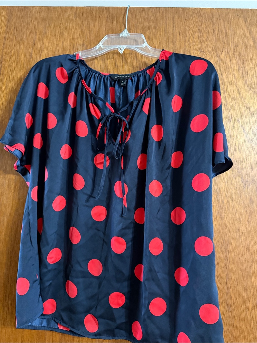 Banana Republic Navy and Red Polka Dot Tie-Neck Blouse
